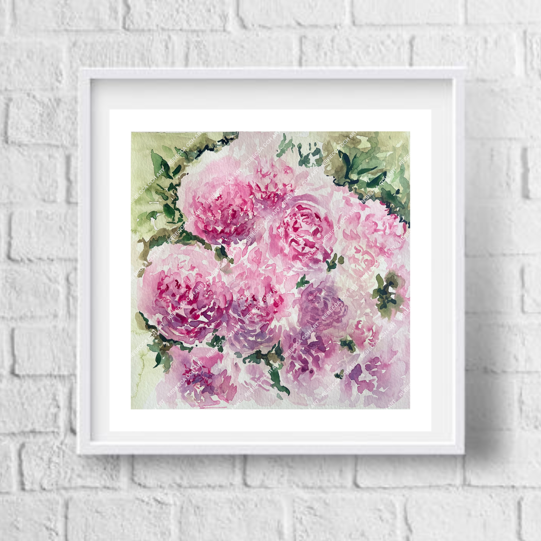 Peonies Watercolour Wall hanging Painting by Rebecca Cch, 'Blushing Peonies'