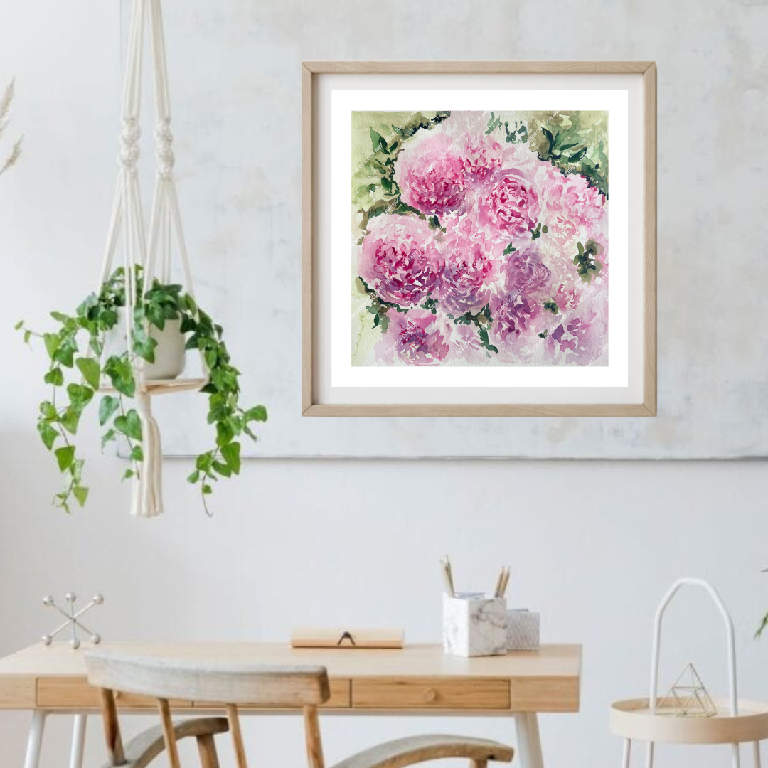 Peonies Watercolour Wall hanging Painting by Rebecca Cch, 'Blushing Peonies'