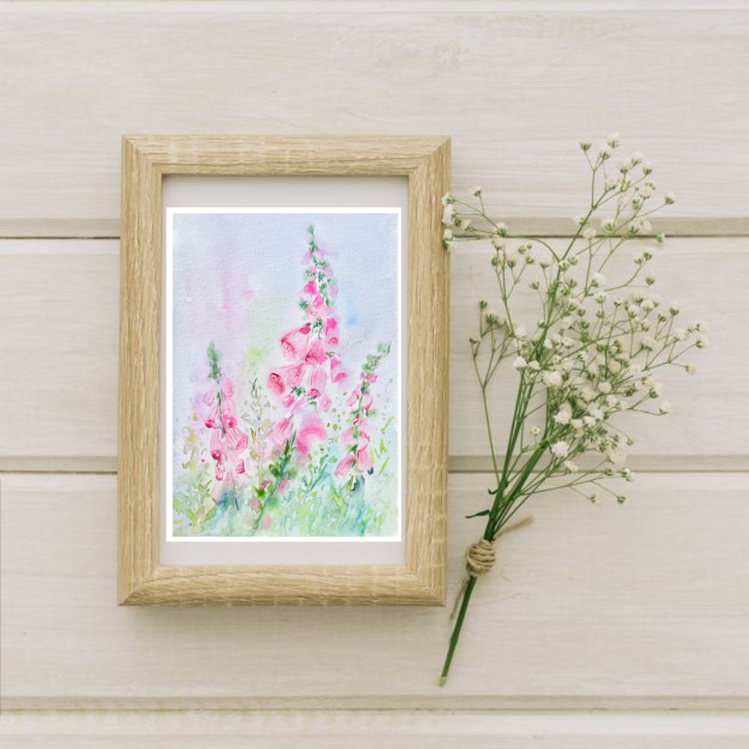 Foxgloves Flower Watercolour Painting by Rebecca Cch, 'Foxgloves In The Woods'