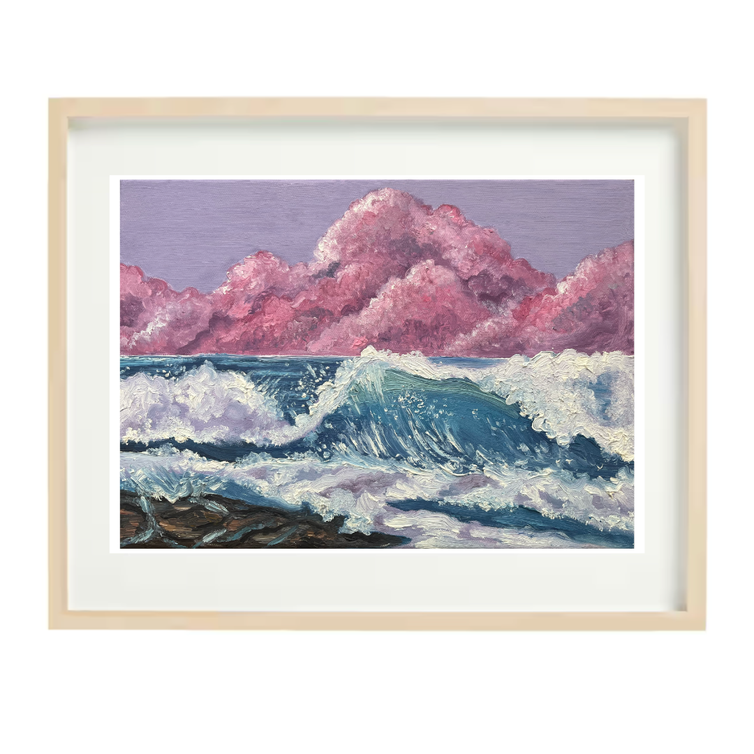 Seascape oil painting "Cotton Candy Clouds" by Rebecca Cch Art