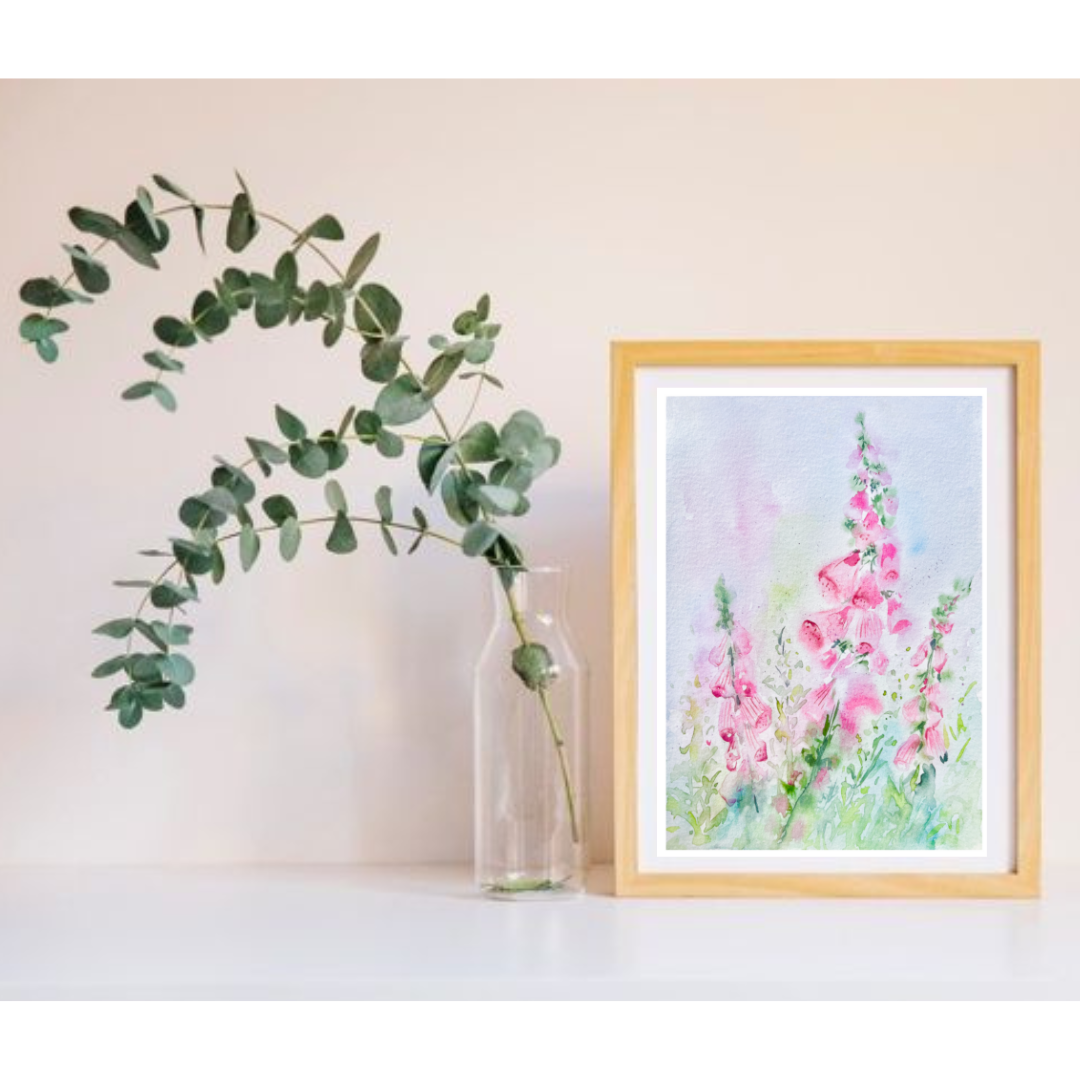 Foxgloves Flower Watercolour Painting by Rebecca Cch, 'Foxgloves In The Woods'