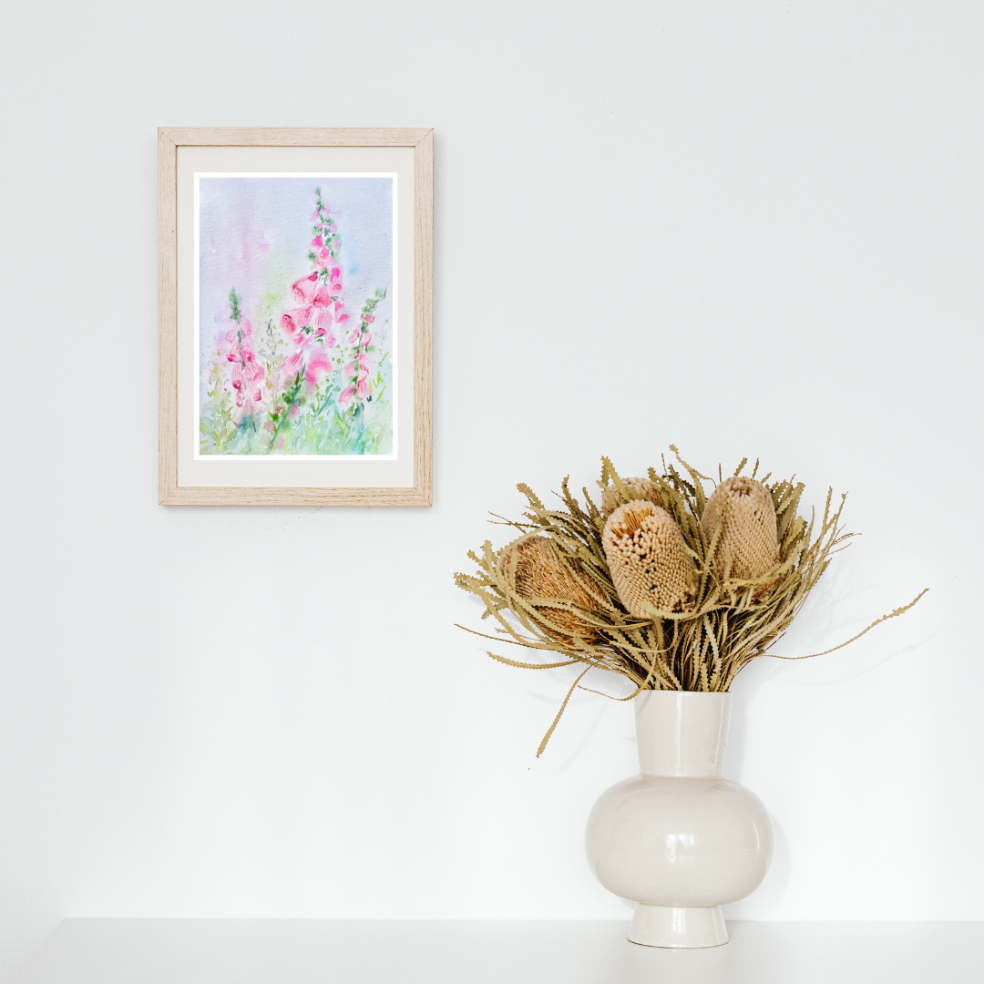 Foxgloves Flower Watercolour Painting by Rebecca Cch, 'Foxgloves In The Woods'