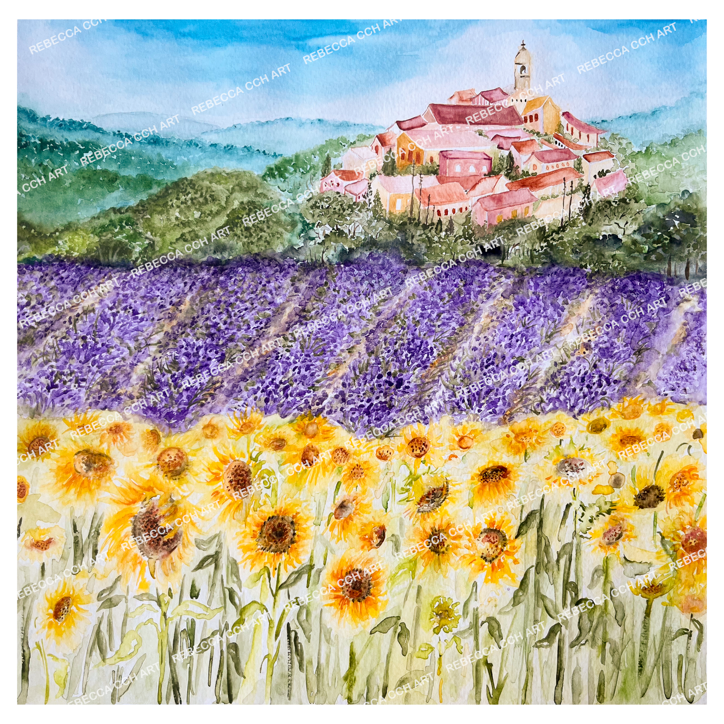 Beautiful field in France, 'Sunflowers in Luberon' by Rebecca Cch Art